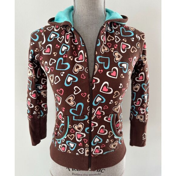 Vintage Y2k LA Kitty Brown Multi Heart Rhinestone Hoodie Jacket Top Girls 12/14 - Picture 6 of 7